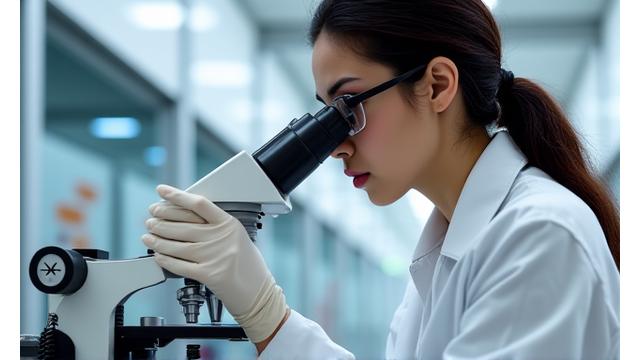 白いクリーンルームで、品質管理の専門家が化粧品のサンプルを厳密に検査している様子。集中した表情と精密な機器。