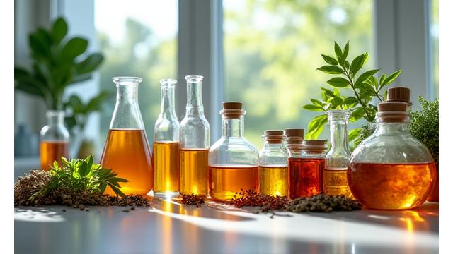 色とりどりのオーガニックな植物エキスやハーブの瓶が並ぶ研究室の棚。自然の恵みを象徴するクローズアップ。