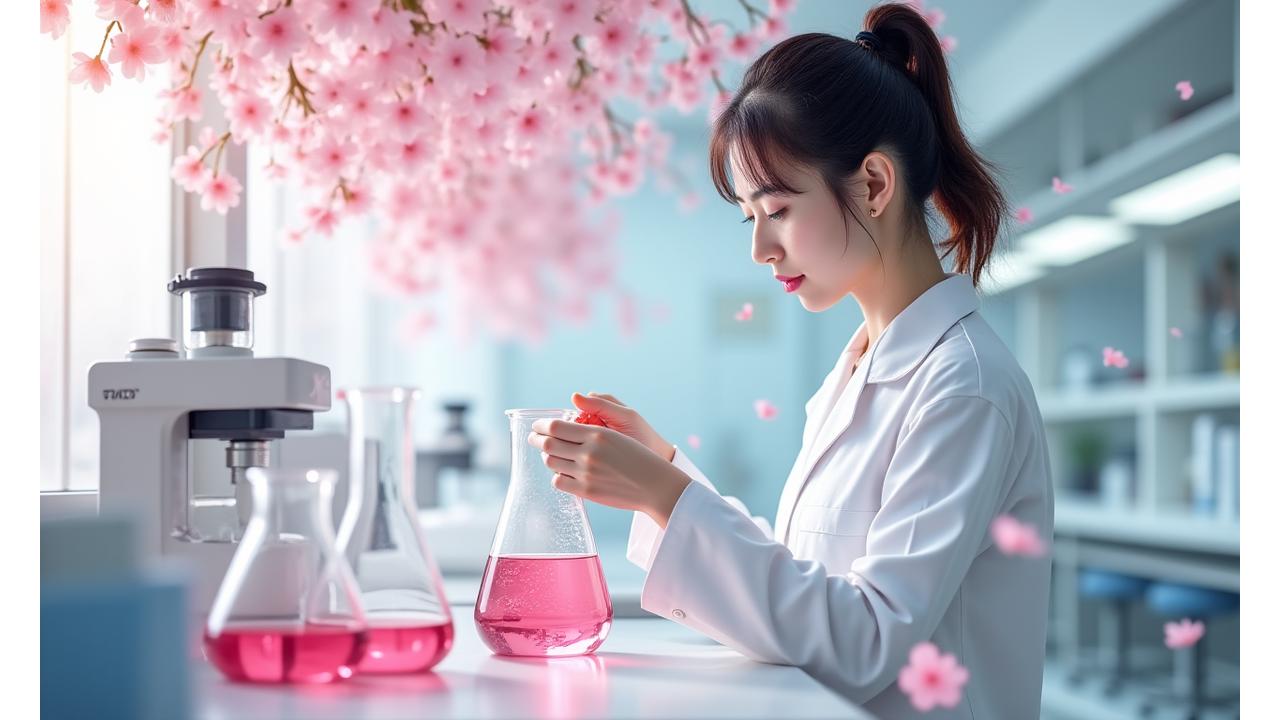 日本の伝統的な研究室で、白衣の技術者が最新の機器を用いて繊細な化粧品処方を開発している様子。桜の花びらが舞うかのように、成分がフラスコの中で美しく混ざり合う、清潔感のある未来的な雰囲気。